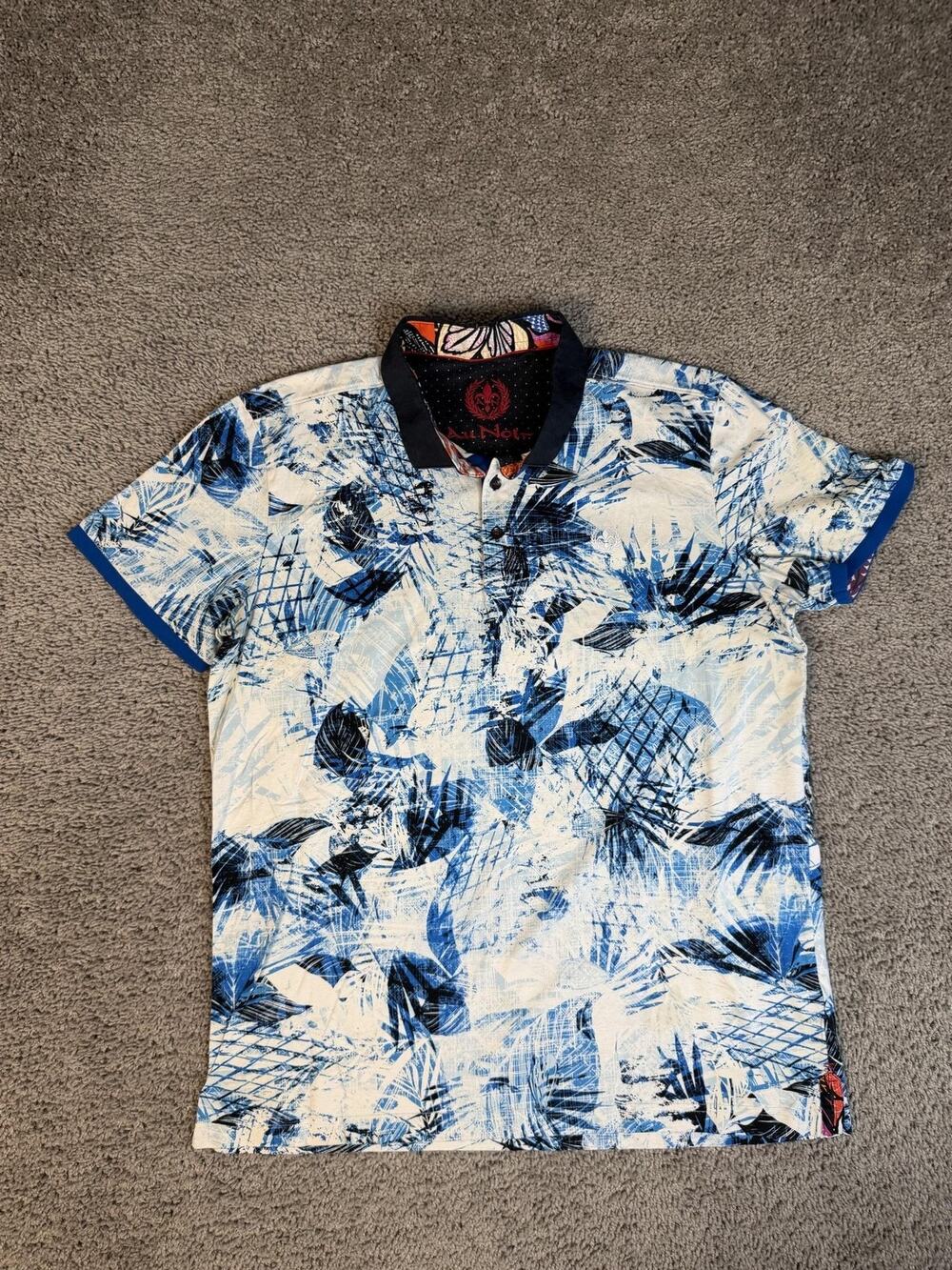 Au Noir Polo Shirt Mens XL Blue White Hawaiian Short Sleeve Cotton Casual